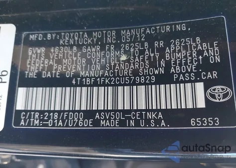 2012 Toyota Camry Le from USA, damaged, VIN 4T1BF1FK2CU579829